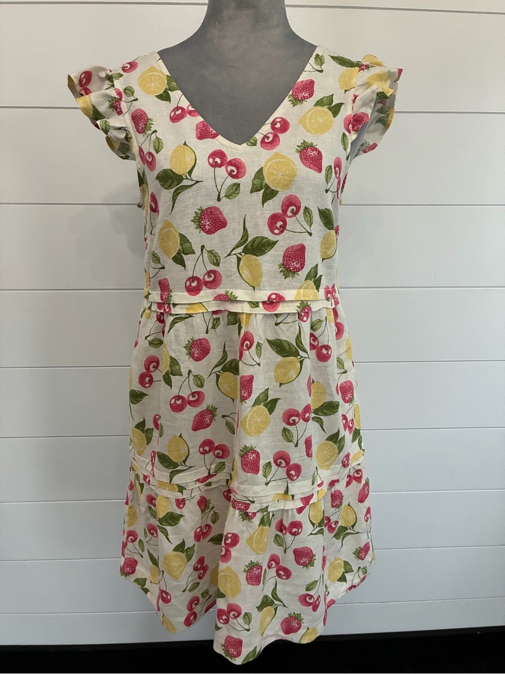 Isaac Mizrahi Cream Sun Dress Lemons Cherries Linen Blend SZ XS NWT/0388